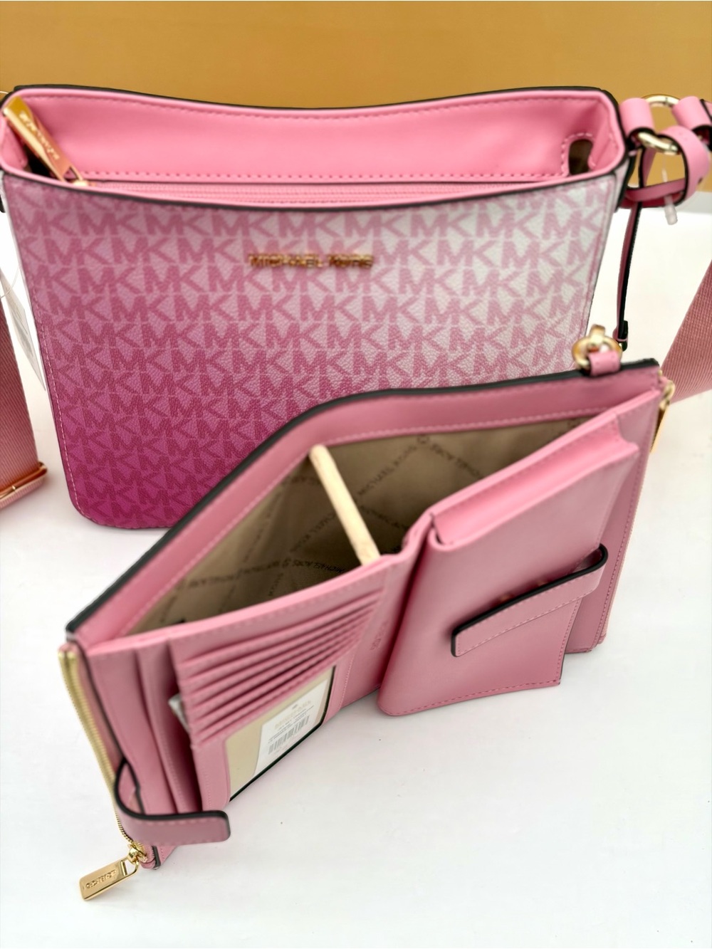 Michael Kors Ombre Pink MK Signature Crossbody with Wristlet Wallet Set - Picture 9 of 16